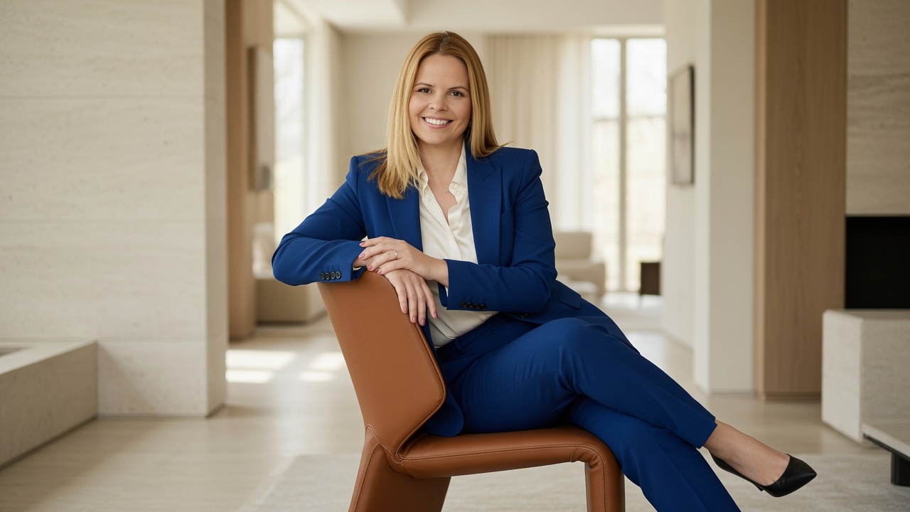 Catherine B. Roy seated in a brown leather chair, looking directly at the camera
