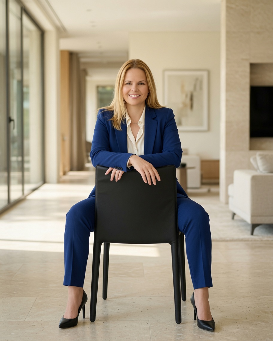 Catherine B. Roy seated in a black chair, turned away from the camera, in a quiet studio setting